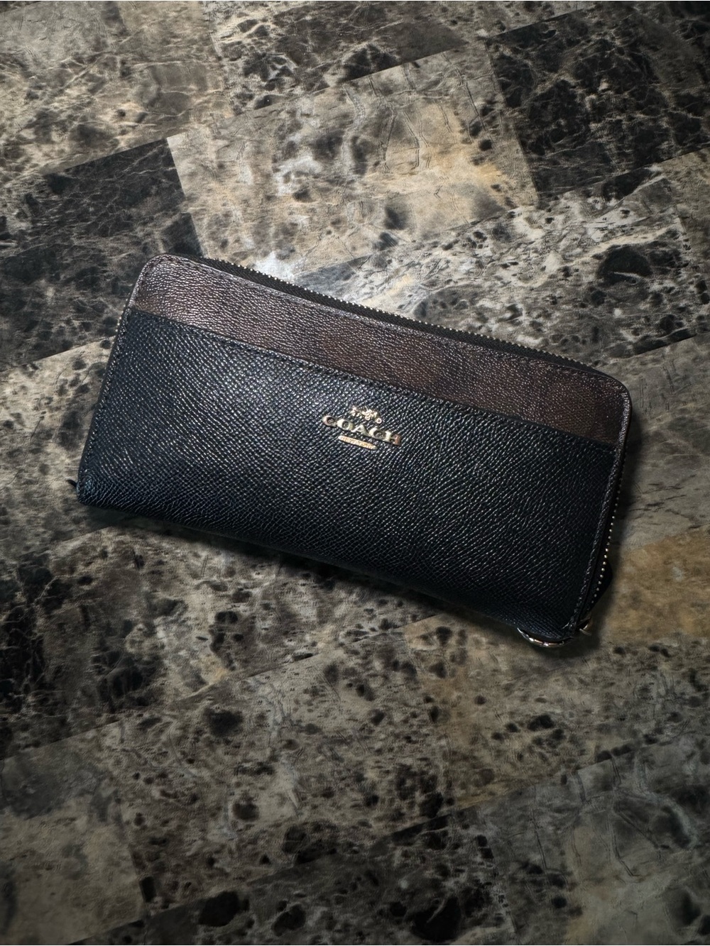 COACH Two-Tone Zip Wallet - Black & Brown Trim